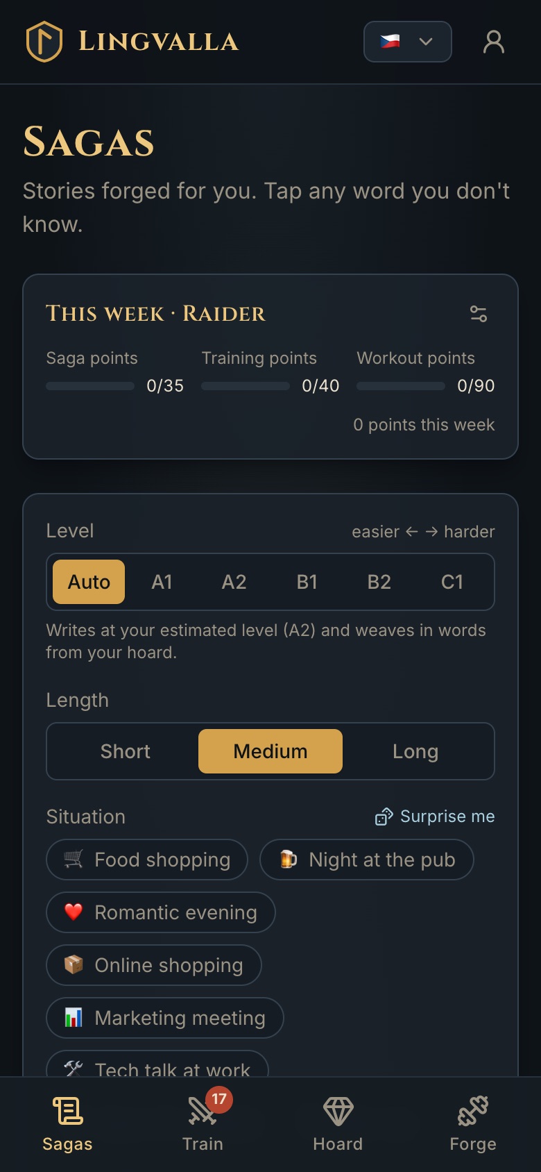 Choosing a level, a length and a situation for a new story.