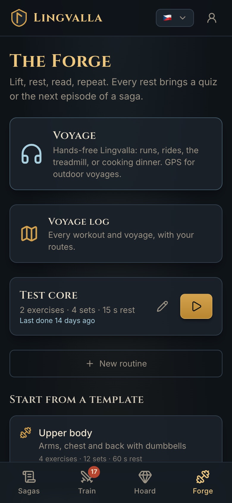 The Forge: Voyage, the voyage log and workout routines.
