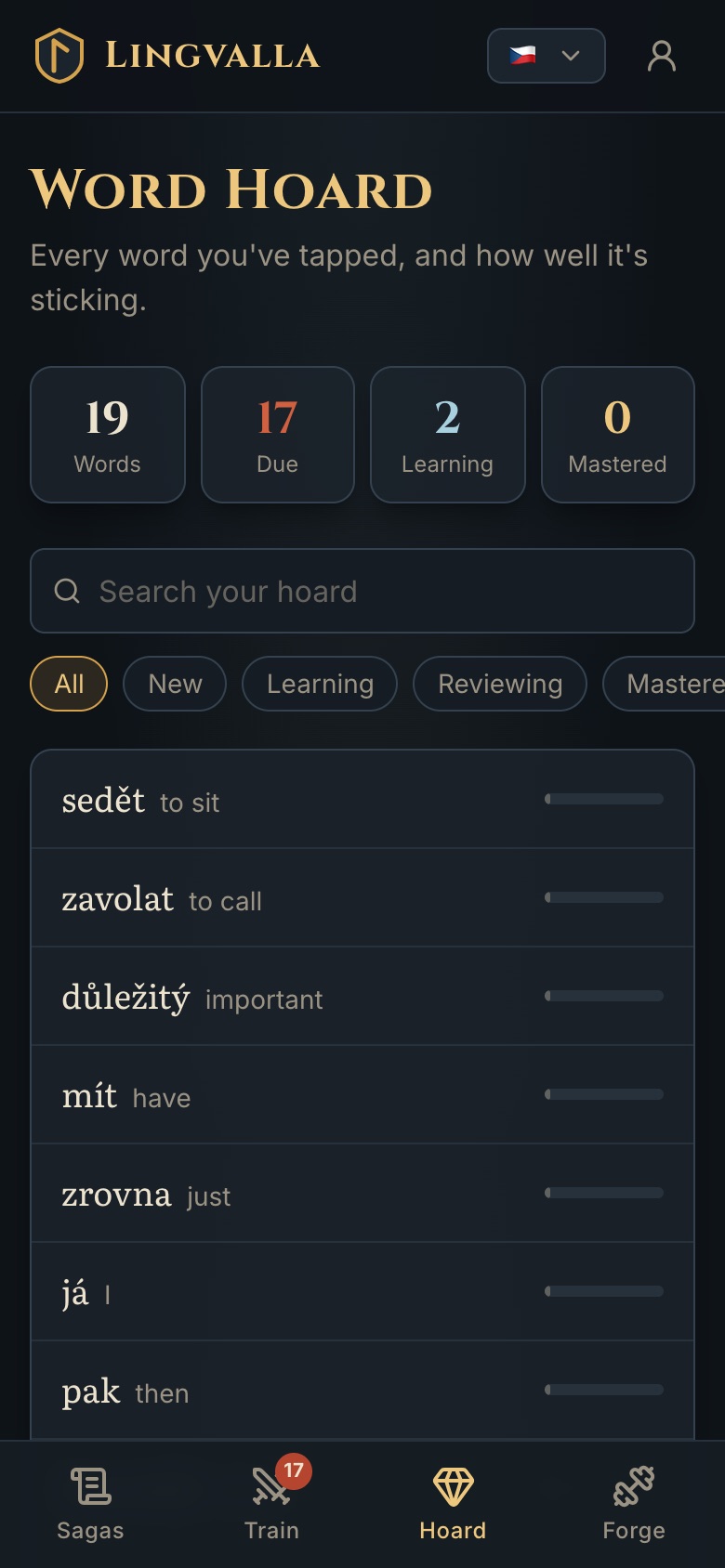 The word hoard: words, how many are due and how well each is sticking.