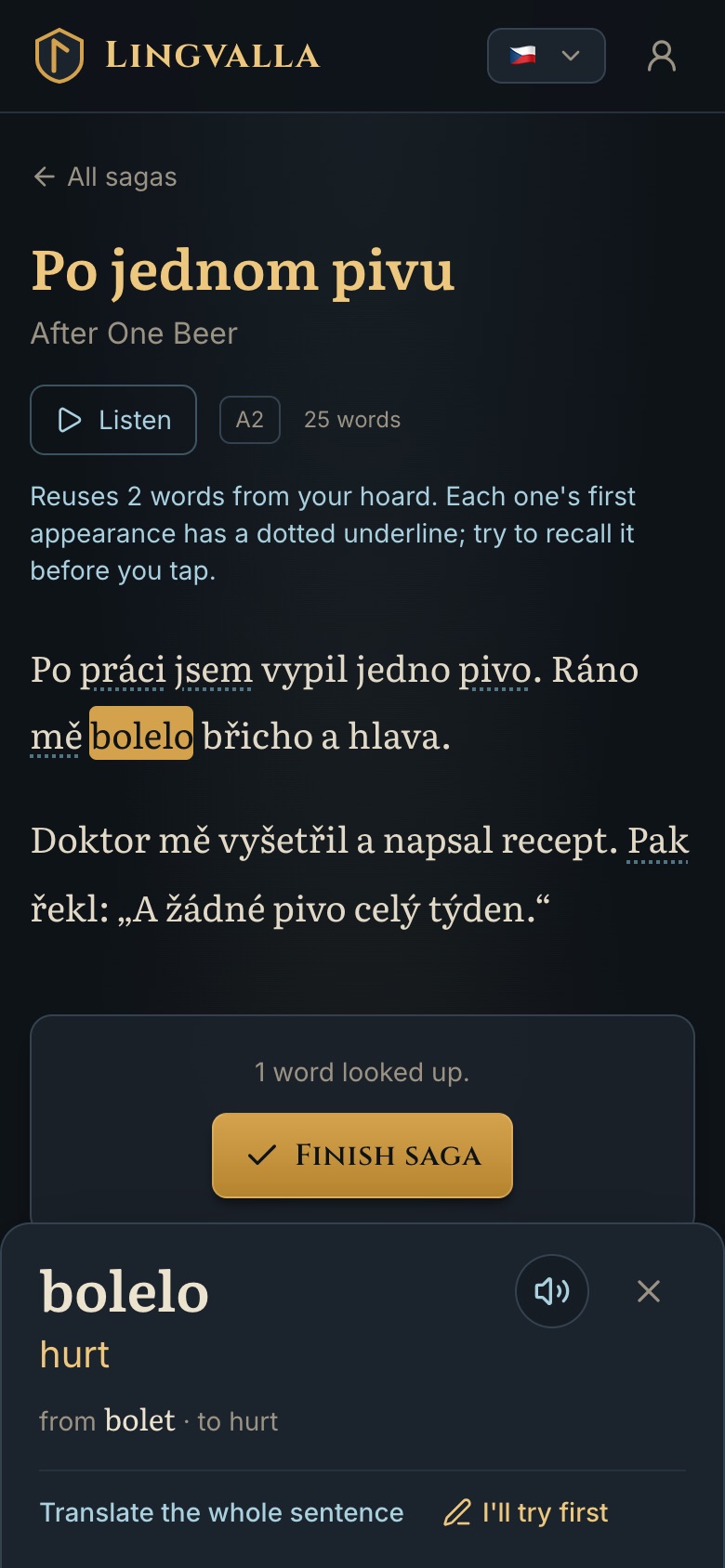 A Czech story in Lingvalla, with the word bolelo tapped and translated as hurt, from bolet, to hurt.