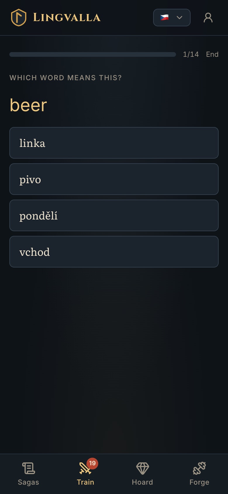 A quiz card asking which Czech word means beer.